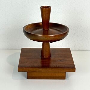 Vintage Walnut Wood MCM Lazy Susan Candle Holder 7 inch
